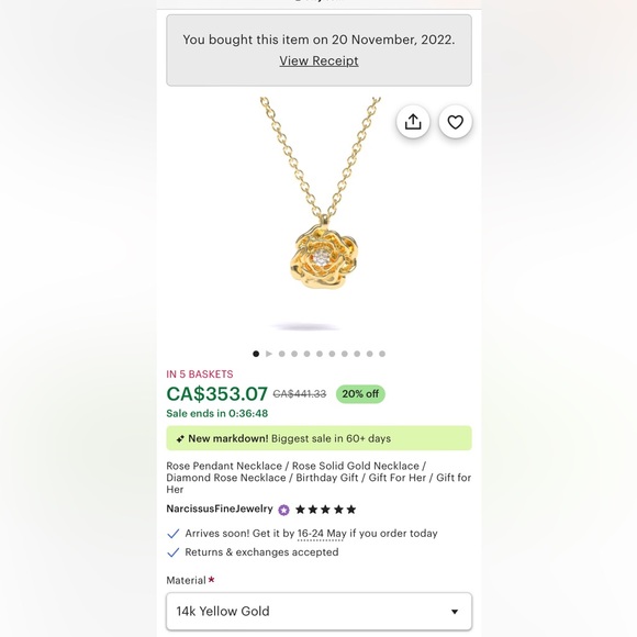 14k solid gold rose necklace with diamond accent - Picture 3 of 4